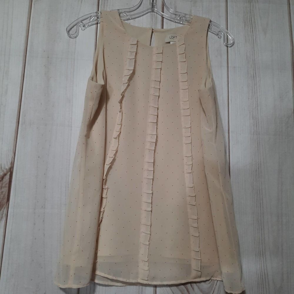 LOFT Womens Small Cream Red Polka Dot Ruffle‎ Trim Sleeveless Chiffon Blouse Top